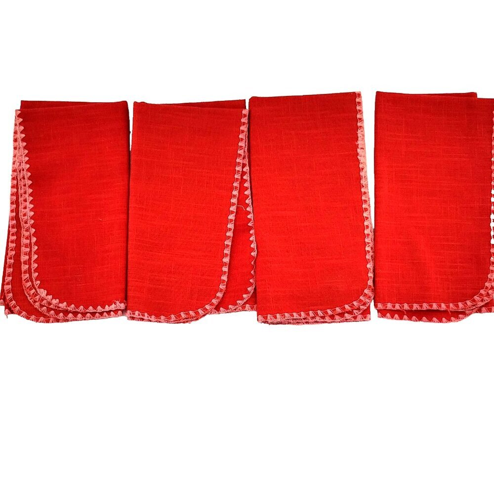 Vintage Set 4 Napkins Red Linen Christmas Shell Fan Stitch 17 1/2" x 16 1/2"